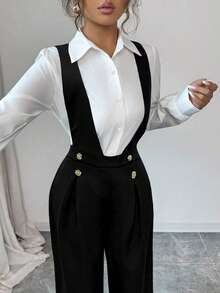 Lyxana 女士春季新款时尚高端休闲衬衫，通勤减龄连体裤配背带裤，两件套 - 黑與白 - 查看 3