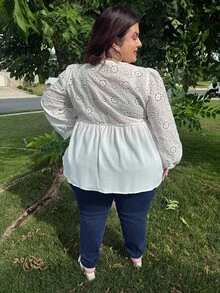 Enliva 大码女装春夏时尚休闲宽松日常舒适透视蕾丝拼接长袖V领衬衫，春装，女式衬衫，曲线上衣，度假装女 - 白色 - 查看 2