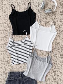 SHEIN Bộ 4 áo ba lỗ ngắn thường ngày cho bé gái tuổi teen, đa năng cho mùa xuân, hè, thu, đông, áo ba lỗ bó sát sọc đen trắng - Nhiều màu - Xem 2