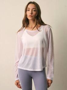 With My Calm Solid Color Round Neck Sheer Back Fashion Long Sleeve Sports T-Shirt - White - View 5