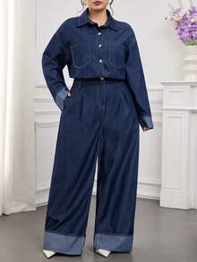 Modelyn Plus Size Dark Blue Denim Jumpsuit, Long-Sleeved Shirt, Straight Pants With Folded Hems, Casual Autumn Wear For Going Out Plus Size Denim Outfits For Women - Dark Wash - View 3