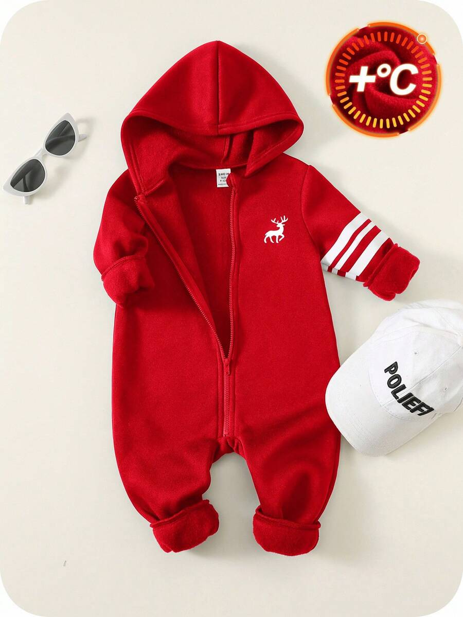 SHEIN 布料紅色男嬰連帽長袖拉鍊連身衣 秋冬連身褲 - 彩色 - 查看 1