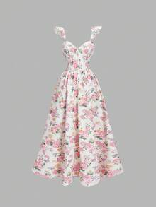 SHEIN MOD Women's Cap Sleeve Ruffle Hem Floral All-Over Print Elegant Dress - Multicolor - View 3