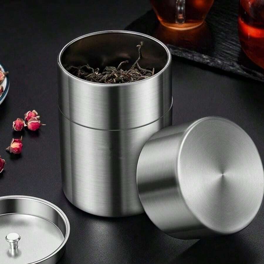 1pc 304 Stainless Steel Airtight Canister, Food Dry Fruit Storage Container, Grain And Tea Leaves Canister, Kitchen And Outdoor Supplies - Silver - View 1