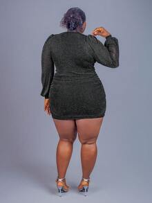 CurvyTilda Plus Size Sexy Glitter Bodycon Mini Dress For Party - Black - View 6