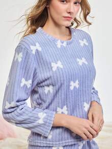 Bonmuse 2件套女款加厚蓬鬆睡衣套裝，簡約時尚蝴蝶結裝飾家居服，長袖上衣與長褲，秋冬款，秋季服飾 - 藍色 - 查看 8