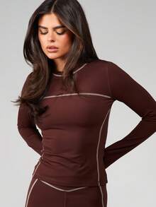 MISSGUIDED Contrast Seam Detail Long Sleeve Fitted Top With Sheer Mesh Panels And High Neckline For Layering - Coffee Brown - View 5