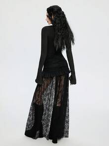 Breakform Women's Gothic Style Sexy Elastic Waist Solid Color Knitted Fabric Contrast Lace Ruffle Hem High Slit Skirt Black Lace See Through Skirt Gothic Black Skirt Cover Up - Black - View 2