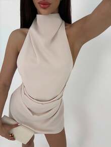 SHEIN PETITE CURVE 大码时尚性感纯色露背吊带迷你连衣裙 - 杏色 - 查看 4