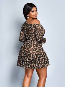 SOLERSUN 大码高端优雅性感通勤秋冬派对/外出装，腰部收褶豹纹针织网纱露肩迷你连衣裙 - 棕色 - 查看 3