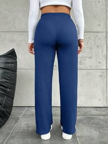 Plus Size Casual Solid Color Straight Leg Pants - Dusty Blue - View 5