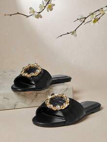SHUZIA Women's Minimalist Elegant Rhinestone Decor Flat Sandals Valentine's Day - Black - View 1