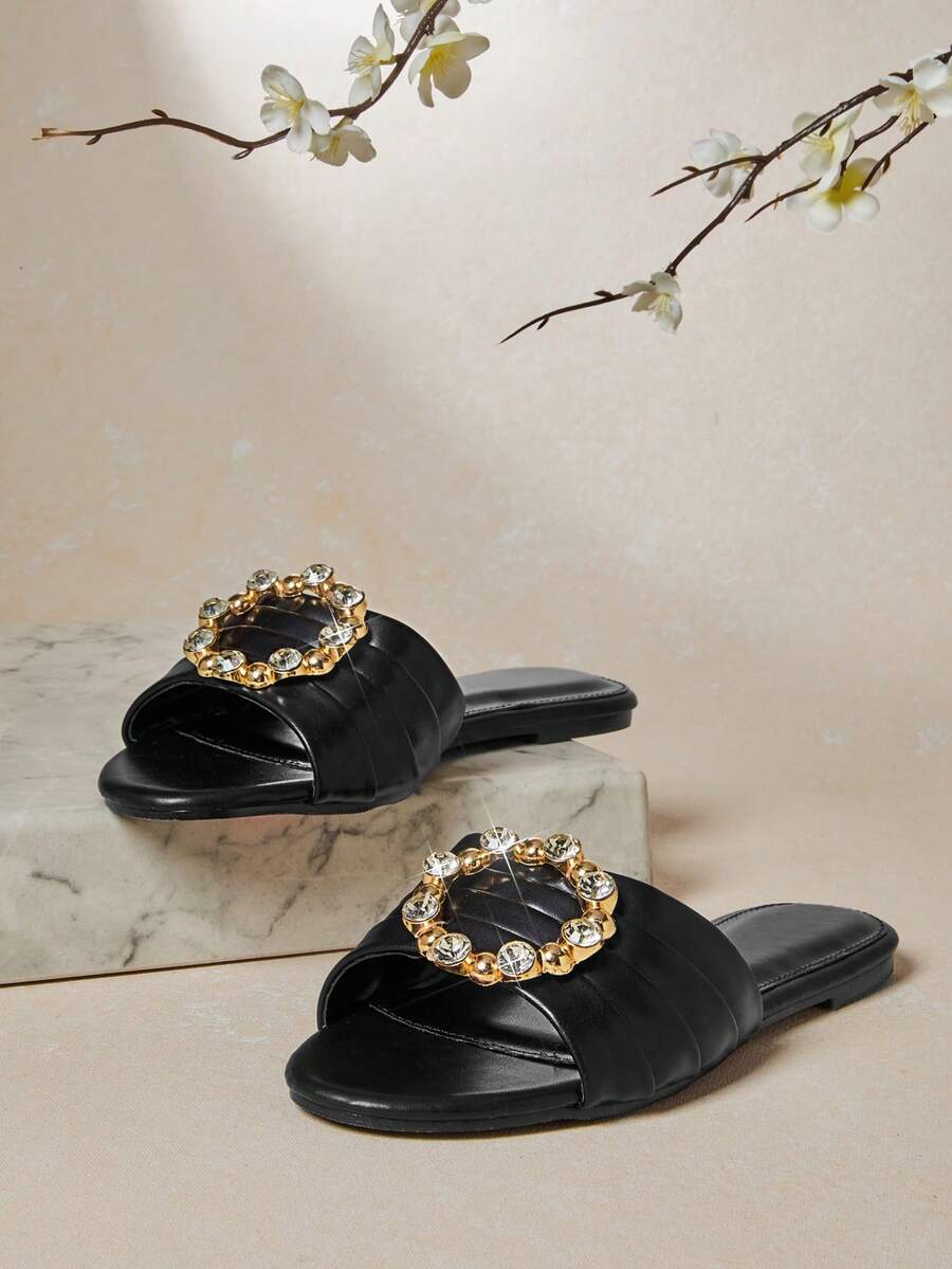 SHUZIA Women's Minimalist Elegant Rhinestone Decor Flat Sandals Valentine's Day - Black - View 1