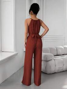 Mono Elegantes De Mujer Casual De Tela Arrugada Don Diseño De Cuello Halter,Cintura Con Cuentas,Botones Y Lazo, Para Primavera/Verano - Color caramelo - Ver 2