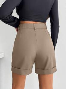 EURMUSE Women Elegant Solid Color Short With Belt Details - Camel - View 2