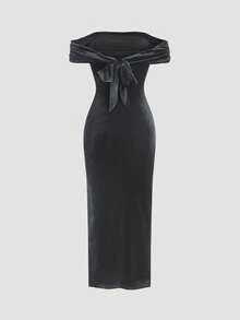 Sweetra 1pc Solid Color Velvet Off-Shoulder Ruched Bodycon Slit Dress For New Year Holiday Party Clothes Burgundy Maxi Women Outfit - Grey - View 2