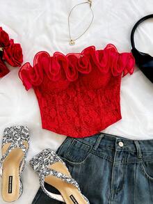 Soleia 女士优雅提花荷叶边抹胸上衣 - 紅色 - 查看 3