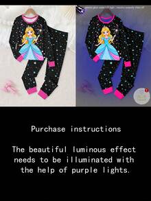 女童可爱公主印花彩色星星发光圆领针织睡衣套装，舒适休闲黑色长袖上衣和裤子，撞色滚边 - 彩色 - 查看 5