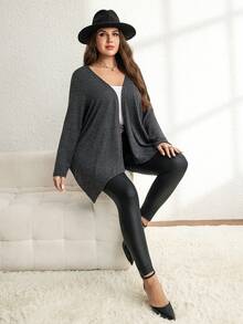 SHEIN LUNE 大码女式感恩节秋冬休闲百搭灰色开领外套，适合身材丰满的女士；秋冬圣诞节女式手帕下摆开襟外套；秋冬新年女式柔软舒适保暖深灰色羊毛大衣。 - 灰色 - 查看 7