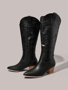 Styleloop Giày bốt cao gót đế thô thời trang mũi nhọn có khóa kéo bên hông dành cho nữ - màu đen - Xem 3