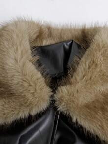 GlowEve CURVE Plus Size Faux Fur Collar PU Leather Elegant Long Sleeve Jacket - Black - View 5
