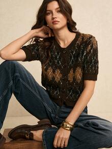 Poéselle Áo khoác cardigan tay ngắn họa tiết hình thoi dành cho nữ, áo len thanh lịch cho nữ, trang phục thường ngày, áo dành cho nữ dịp năm mới, thích hợp mặc hàng ngày, đi chơi, đi làm, mùa thu/đông, áo kiểu thanh lịch cho nữ. - Cà phê nâu - Xem 6