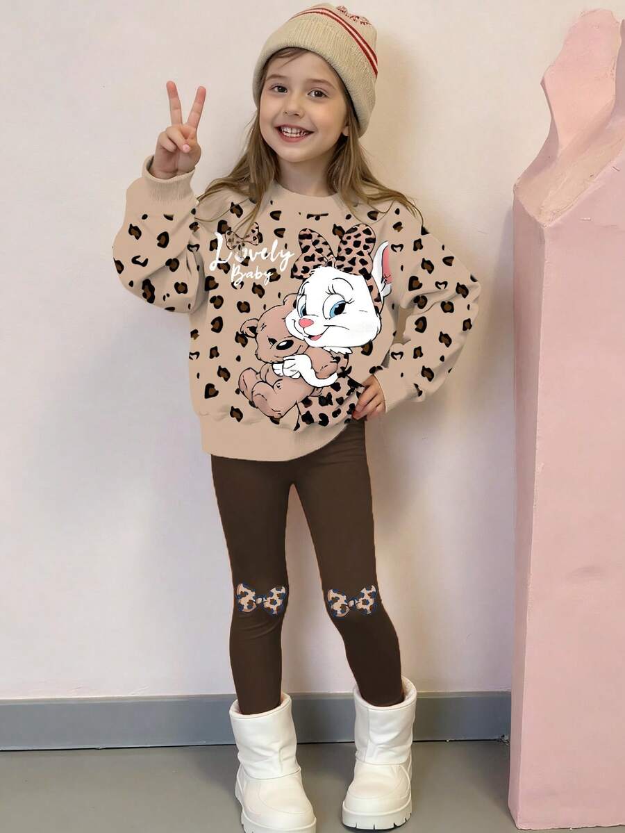 2 件套可爱兔子豹纹上衣，女童圆领运动衫和紧身裤套装，时尚休闲，适合秋冬 - 彩色 - 查看 1