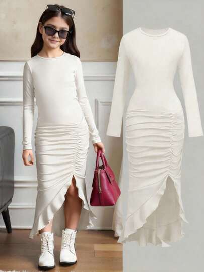 SHEIN 少女休闲优雅圆领长袖不规则下摆荷叶边修身纯色针织连衣裙，卡其色，适合万圣节派对、居家、户外、学校、聚会等场合。中长款母女连衣裙，长袖连衣裙，白色长裙，少女白色连衣裙，女士连衣裙
