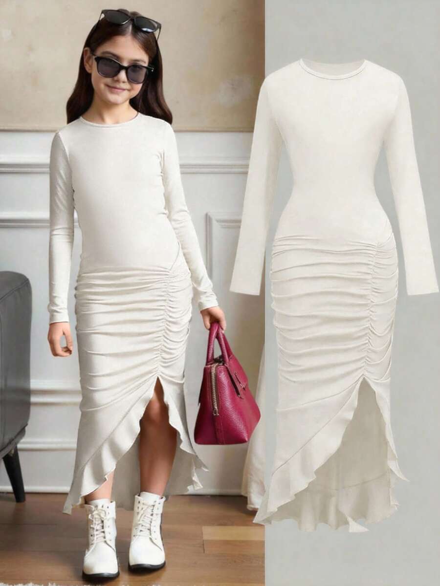 SHEIN Tween女孩休閒優雅圓領長袖不對稱下擺荷葉邊修身針織純色長洋裝,卡其色,適合萬聖節派對、居家、戶外、學校、聚會,母女款中長洋裝,長袖白色洋裝 - 卡其色 - 查看 1