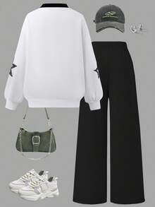 Sparklyn 2 件套女孩休闲时尚街头风格数字和英文字母星星图案 V 领宽松长袖上衣和阔腿裤/运动裤套装，日常穿着