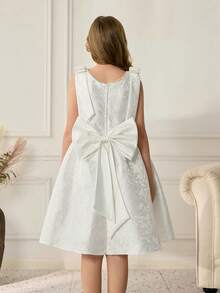 Mädchen Prinzessin Kleid, süß & elegant Kinder Geburtstags Party Kleid, Blumenmädchen Hochzeitskleid, französischer Stil hochwertig mit großer Schleife verziertes Kleid - Weiss - Übersicht 2
