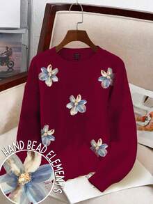 Resyla 女士花卉贴花圆领长袖套头毛衣 - 酒紅色 - 查看 1