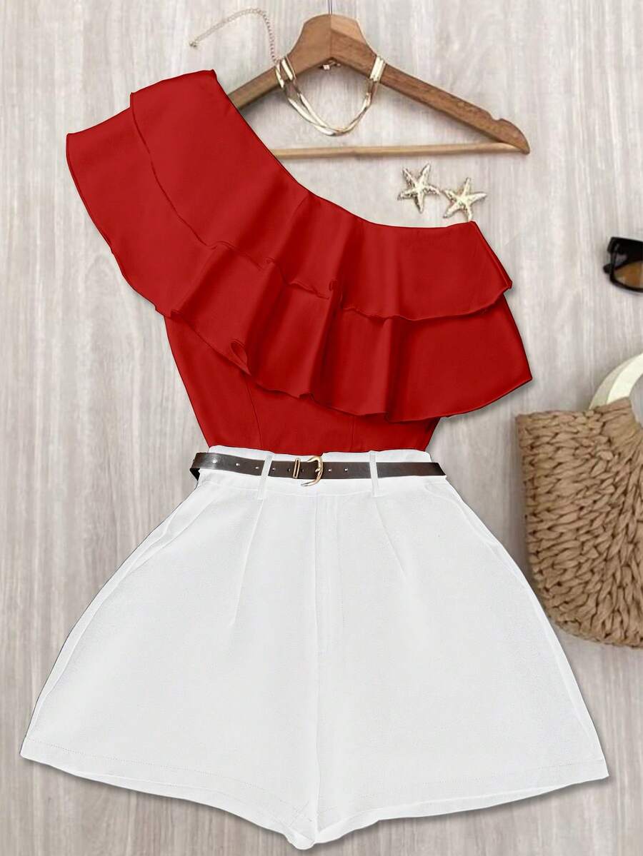 Airaco 女士荷叶边露肩上衣和短裤两件套 - 紅色 - 查看 1