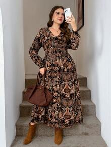 SHEIN LUNE Vestido de otoño con estampado de leopardo plisado en todo el diseño, vestido casual elegante para damas apropiado para invitadas de boda en la temporada de otoño, talla grande - Multicolor - Ver 5