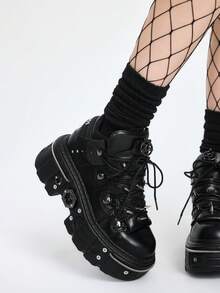 ROMWE Grunge Punk 女式平底厚底朋克踝靴黑色圆头高跟运动鞋厚底软底摇滚短靴系带运动鞋休闲橡胶滑板鞋 - 黑色 - 查看 4