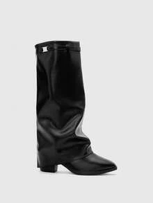 Aloruh 秋冬款纯素皮革一脚蹬及膝粗跟靴，简约百搭，女靴