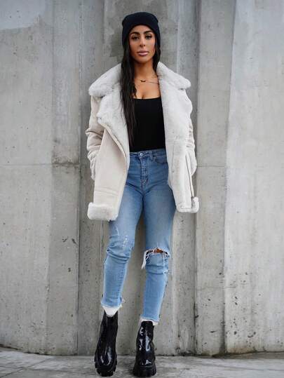 SAYEHFBABY New Winter Women Faux Fur Pu Leather Jacket, European & American Style Fashion Thick Motorcycle Coat Faux Leather Aviator Jacket With Borg Lining 