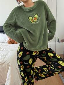 SHEIN 牛油果刺绣蓬松卫衣和法兰绒印花裤女士舒适睡衣套装 - 綠色 - 查看 6