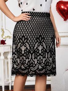 EMERY ROSE 大码女式高腰直筒优雅蕾丝中长裙，适合春秋季节、外出穿着，2025新款，简约时尚，日常百搭，冬季穿着舒适透气，适合圣诞节、新年等多种场合，如圣诞节、约会之夜、感恩节、情人节等。 - 黑色 - 查看 3