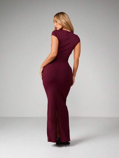 MISSGUIDED Burgundy Cap Sleeve Crew Neck Body-Hugging Floor Length Maxi Dress For Evening Party Special Occasions,XL