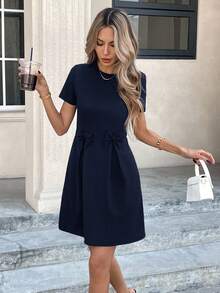 SHEIN LUNE Women's Casual Bow Tie Short Sleeve Black Party Dress - Navy Blue - View 4