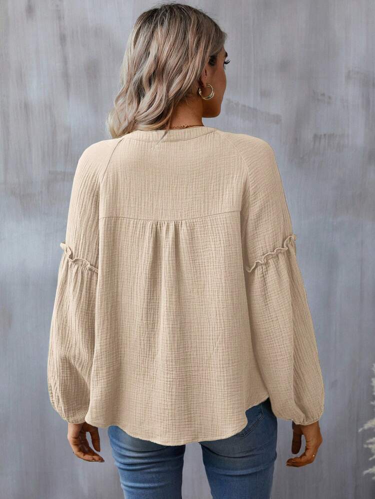 SHEIN LUNE Women's Solid Color Button-Down Long Sleeve Cotton Shirt Cotton Womens Clothing Cotton Tops Cotton Blouses Lantern Sleeve Blouse Casual Blouse - Apricot - View 2