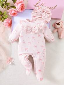 Newborn Baby Girl Pink Bow Print Romper With Ruffles, Footie Pajamas & Hat Set