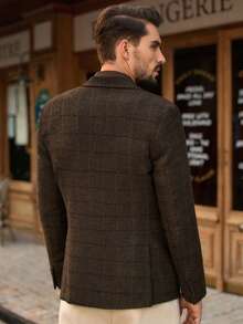 HIMLAND Men's Fashionable Casual Plaid Print Single-Breasted Suit Blazer, Wedding Dress Blazer Brown Fall