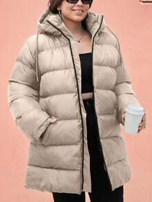 EURMUSE Plus Size Zip Up Drawstring Hooded Padded Coat - Cream - View 6