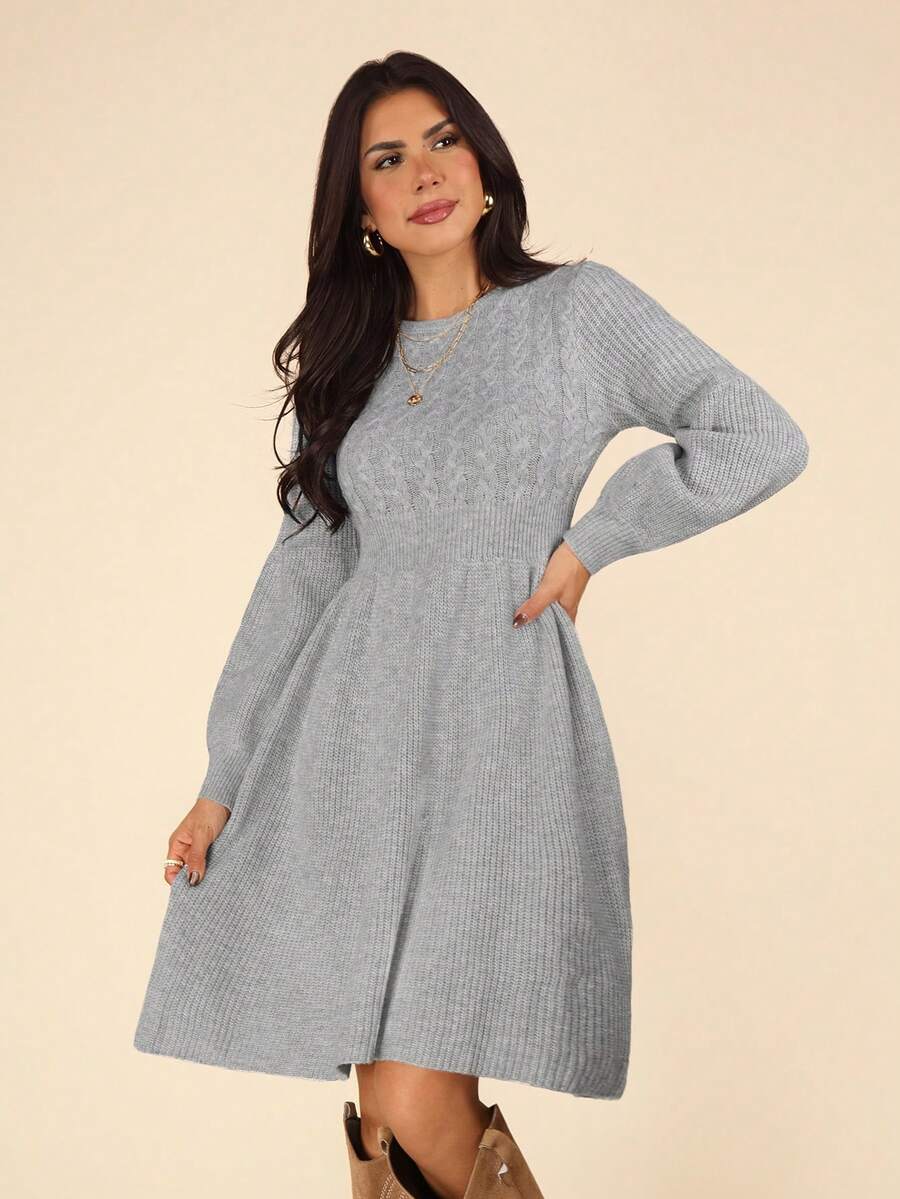 Coeurva Women's Casual Loose Fit Raglan Sleeve Pullover Knitted Dress With A-Line Hem, Suitable For Holidays In Autumn & Winter Fall Women Clothes Dress - Grey - View 1