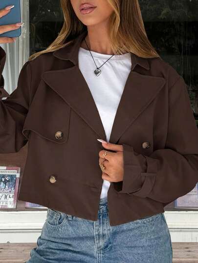 SHEIN EZwear ז'קט ארוג בצבע אחיד עם חזה כפול ושרוולים ארוכים לנשים