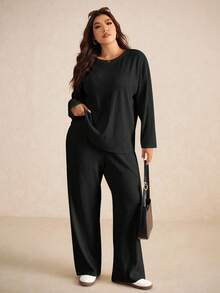 Elaquor Plus Size Casual Solid Color Long Sleeve Top And Pants 2 Pieces Set, Autumn - Black - View 3