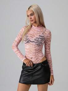 SHEIN Unity Ladies' Simple & Versatile Lace Bodysuit For Holiday Party Clothes - Pink - View 4
