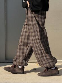 DAZY 男童休闲宽松格子裤，日系秋季款 - 棕色 - 查看 4